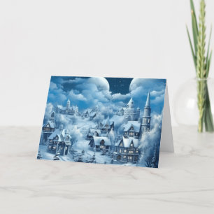 Kerstkaart van een besneeuwd blauwdorp in vintage feestdagen kaart
