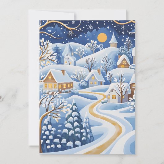 Kerstkaart van een winterdorp bij maanlicht (Voorkant)