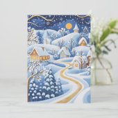 Kerstkaart van een winterdorp bij maanlicht (Staand voorkant)