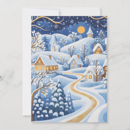 Kerstkaart van een winterdorp bij maanlicht