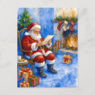 Kerstkaart van Kerstman die brieven leest bij de o Feestdagenkaart