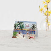 Kerstkaart van Kerstman op tropisch strand Kaart (Gele Bloem)