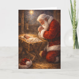 Kerstkaart van knielende Kerstman bij de kribbe Feestdagen Kaart