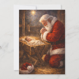 Kerstkaart van Santa knielend bij de kribbe