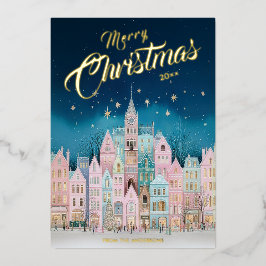 Kerstkaart van Starry Night Christmas Town met fol Folie Feestdagenkaart