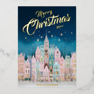 Kerstkaart van Starry Night Christmas Town met fol Folie Feestdagenkaart