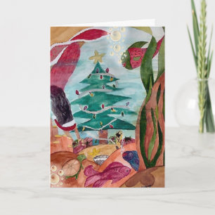 Kerstkaart van zeemeermin in kerstmannenpak feestdagen kaart