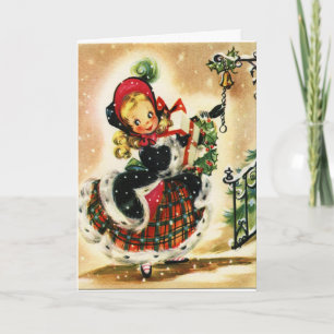 Kerstkaart, Vintage Meisje dat Bel Luidt Feestdagen Kaart
