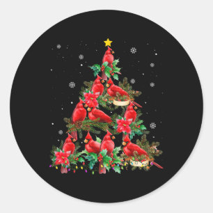 Kerstkaart vogels kerstboom lichtjes grappig ronde sticker