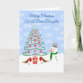 Kerstkaart voor dochter Sneeuwman Boom En Roodbors Feestdagen Kaart