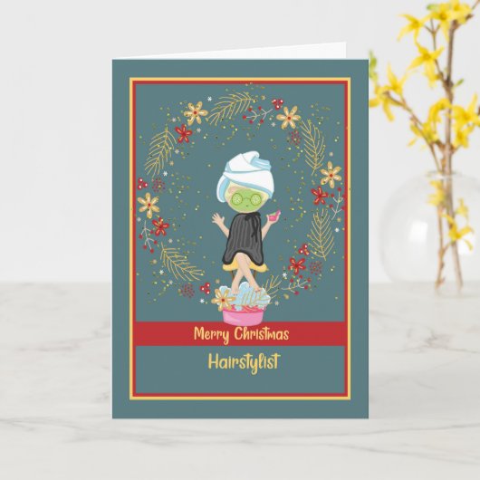 Kerstkaart voor Haarstylist in Groen Kaart (Gele Bloem)
