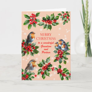Kerstkaart voor kleinkind en partner met roodborst feestdagen kaart