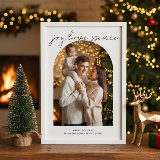 Kerstkaart voor leuke gezinnen met 'Joy Love Peace