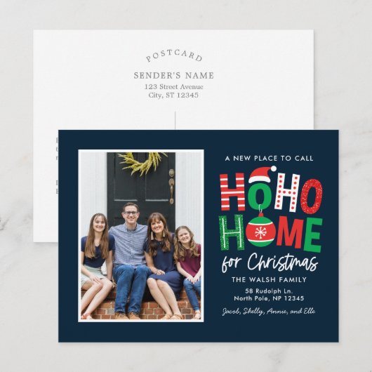 Kerstkaart voor verhuisbericht met 'Ho Ho Home' Feestdagenkaart (Voorkant / Achterkant)