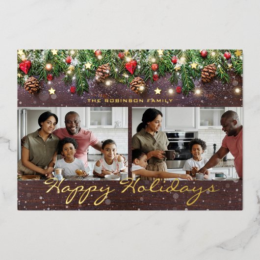 Kerstkaart 'vrolijke feestdagen' met houten look 2 folie feestdagenkaart (Voorkant)