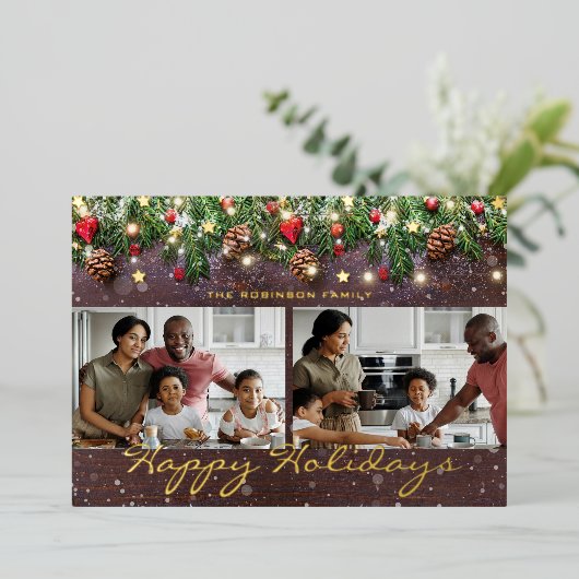 Kerstkaart 'vrolijke feestdagen' met houten look 2 folie feestdagenkaart (Staand Voorkant)