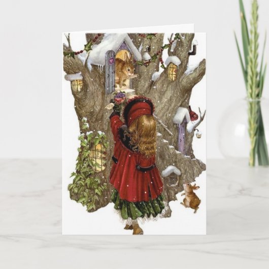 Kerstkaart w / Vriendschapsgedicht, meisje & diere Feestdagen Kaart (Voorkant)