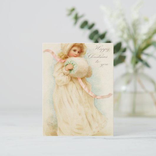 kerstkaart waarop een meisje met een muf is afgebe feestdagenkaart (Staand voorkant)