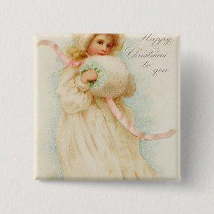 kerstkaart waarop een meisje met een muf is afgebe vierkante button 5,1 cm