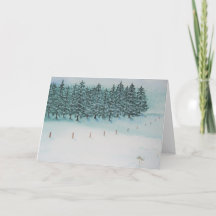 Kerstkaart Winterveld en Groene Bomen