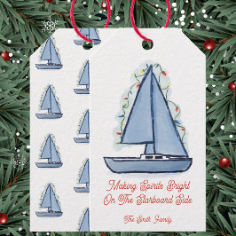 Kerstkaart zeilboot cadeaulabel