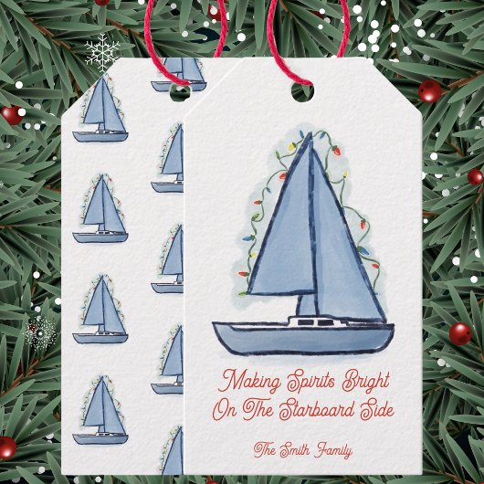 Kerstkaart zeilboot cadeaulabel