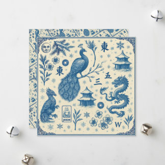 Kerstkaarten - Mahjong Toile - Plat Tweezijdig Feestdagenkaart