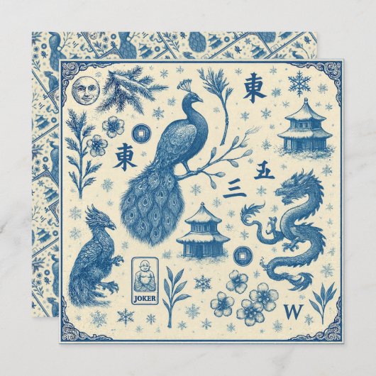 Kerstkaarten - Mahjong Toile - Plat Tweezijdig Feestdagenkaart (Voorkant / Achterkant)