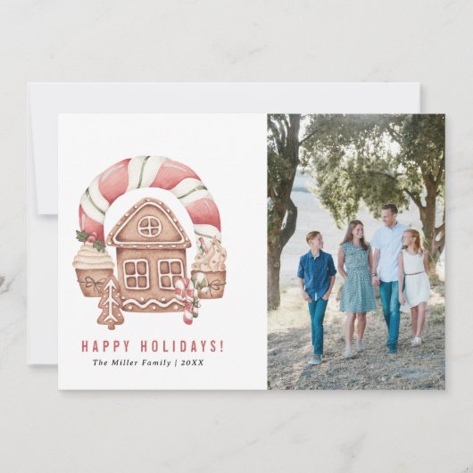 Kerstkaarten met familiefoto van peperkoekhuis feestdagenkaart (Voorkant)