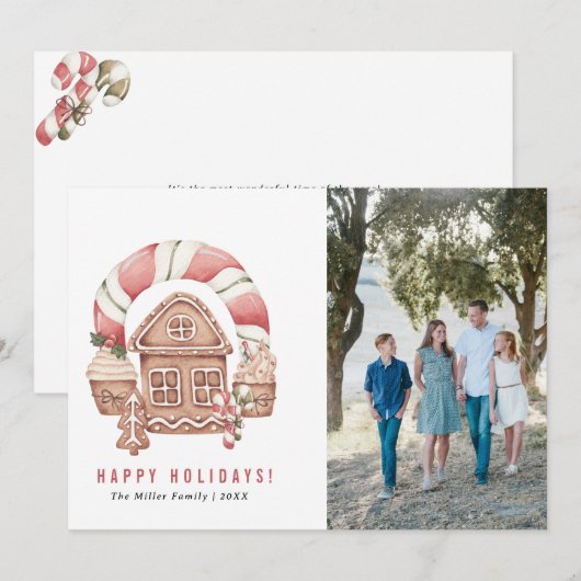 Kerstkaarten met familiefoto van peperkoekhuis feestdagenkaart (Voorkant / Achterkant)
