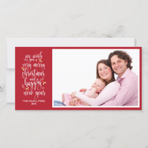 Kerstkaarten met familiefoto's Cute Red White Scri Feestdagenkaart