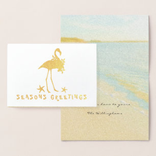 Kerstkaarten met goud folie flamingo op het strand kaarten