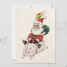Kerstkaarten met Kerstman die op een varken rijdt 