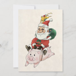 Kerstkaarten met Kerstman die op een varken rijdt  Kaart