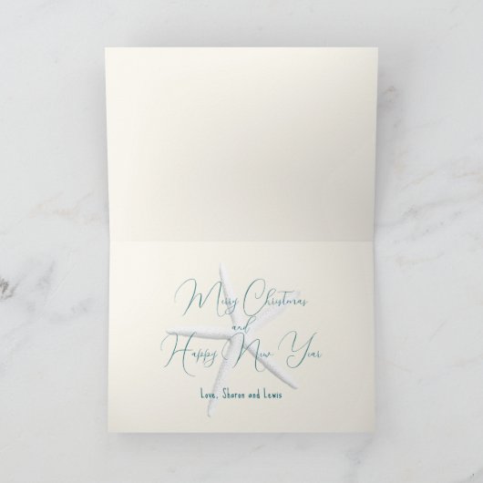 Kerstkaarten met schelpen en foto in opgevouwen vo feestdagen kaart (Binnen)