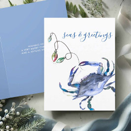 Kerstkaarten met strand Blauwe aquarel krab Feestdagen Kaart