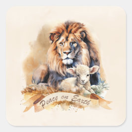 Kerstkaarten met vintage leeuw en lam vierkante sticker