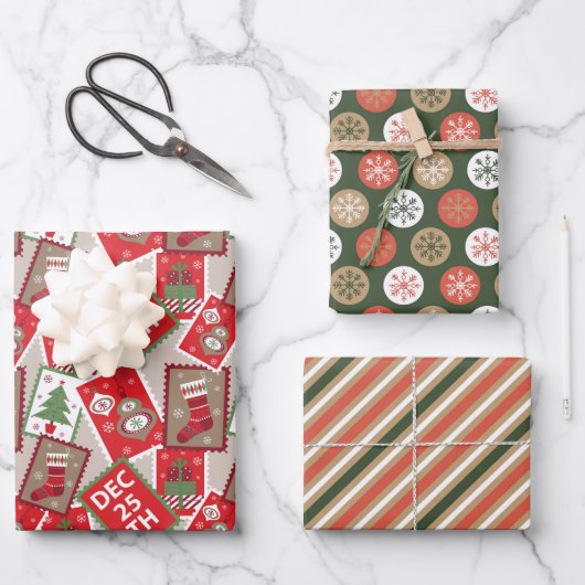 Kerstkaarten Ornamenten Inpakpapier Set van 3 Vel (Voorkant)