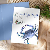 Kerstkaarten van het strand Blauwe Aquarel Krab Feestdagen Kaart