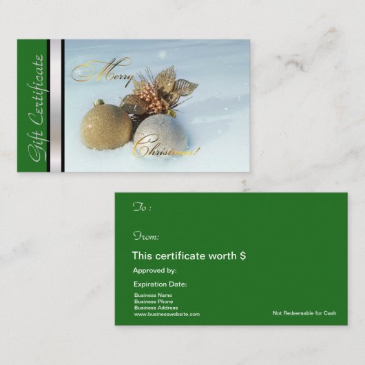 Kerstkaartencertificaat Groen Zilver Kortingskaartje (Voorkant / Achterkant)