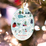 Kerstkaartenverhaal met illustraties keramisch ornament<br><div class="desc">De moderne kerstkaart toont illustraties met dennenbomen,  pinguïns,  ijsschoeisel,  ijsmeer,  huizen,  dorpen,  weg,  berg,  kabelhut,  ski's,  sneeuwman en nog veel meer! Voeg je positieve gevoelens toe,  met vrede en liefde,  vreugde,  vreugde,  vrolijke hoop,  verdienste,  koester,  knuffels... . Voeg je familiefoto achteraan toe.</div>