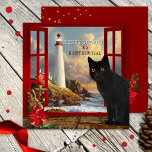 kerstkaartje voor vuurtoren van Cute Cat Kaart<br><div class="desc">Een schattige zwarte kerstkaart. Deze kaart is gebaseerd op een reeks schilderijen met een thema "Room with a Uitzicht". Vanuit het raam heb je een uitzicht op een rotskust met een vuurtoren. Een vuurtoren als baken van hoop en een belofte voor een beter nieuwjaar! De achterkant heeft een rode achtergrond...</div>