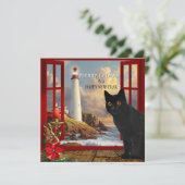 kerstkaartje voor vuurtoren van Cute Cat Kaart (Staand voorkant)