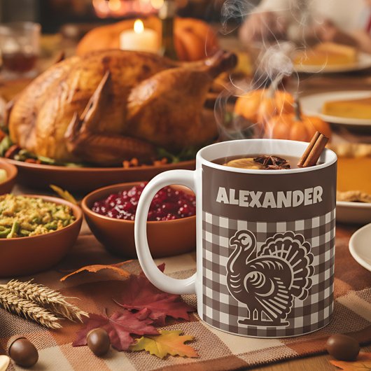 Kerstkaas Kalkoen Bruin & Tan Plaid Naam Koffiemok