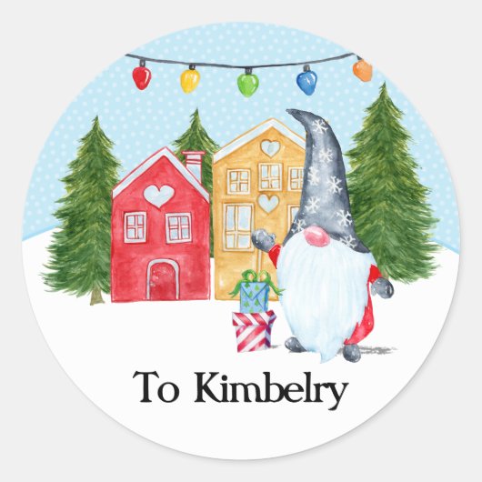 Kerstkabouter met eigen naam ronde sticker (Voorkant)