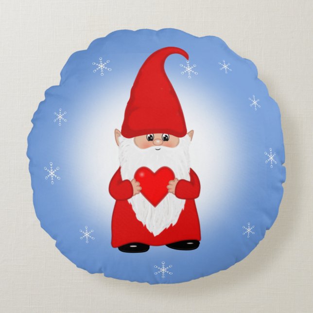 Kerstkabouter op lichtblauwe ronde kussen (Voorkant)