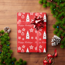 Kerstkabouter, Sneeuwvlokken & Sterren op Rood Cadeaupapier