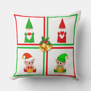 Kerstkabouters & elfen op wit, groen & rood kussen