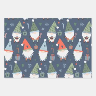 Kerstkabouters Kerstman Blauw Groen Whimsical Inpakpapier Vel