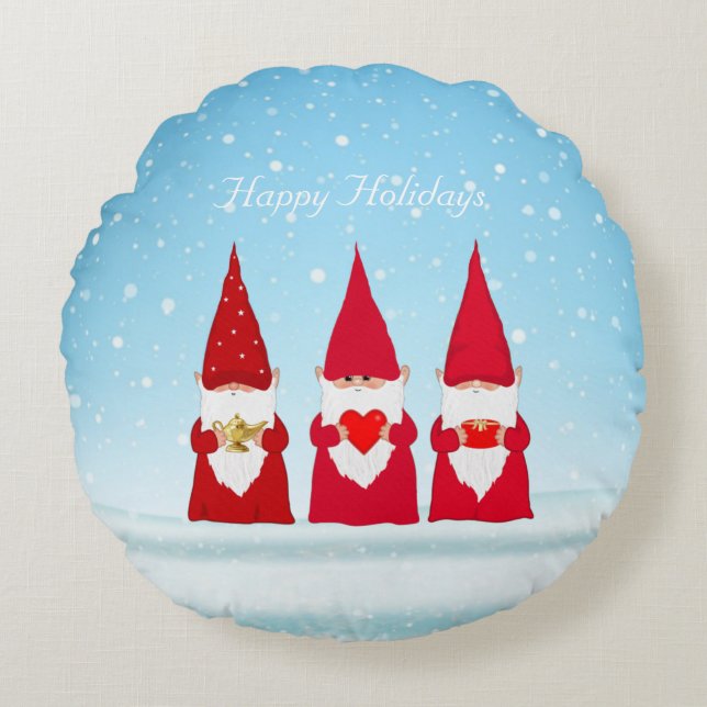 Kerstkabouters op Lichtblauw Rond Kussen (Voorkant)